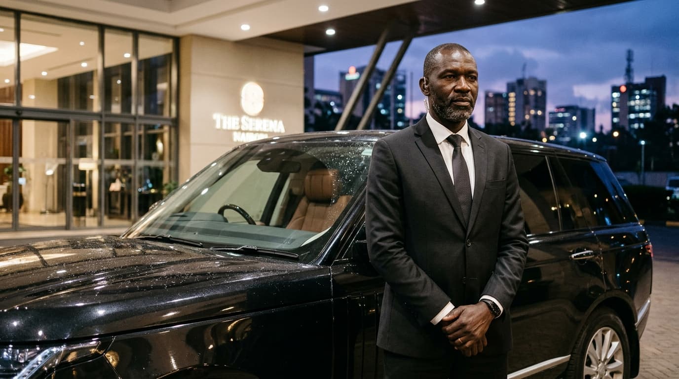 Champion VIP executive close protection security team standing guard beside executive transport in Nairobi